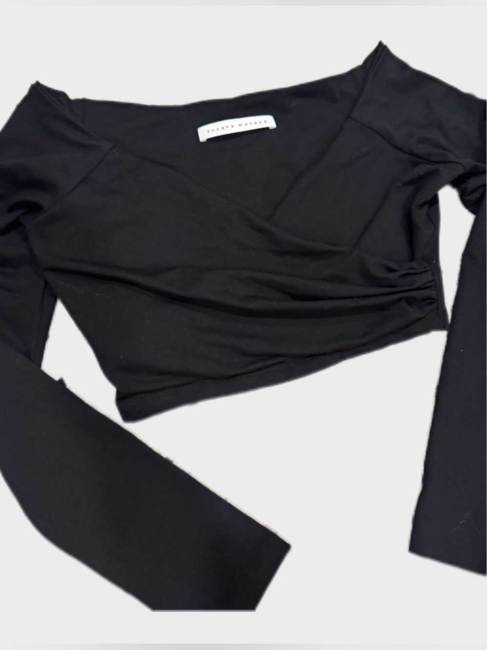 Susana Monaco Black Faux Wrap Off the Shoulder Cropped Long Sleeve Top - Picture 4 of 5